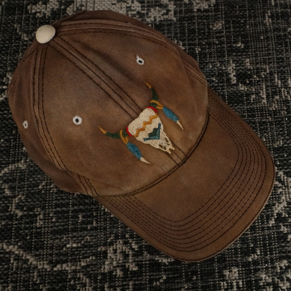 Brown Rodeo Baseball Cap Hat Embroidered Native Steer Skull Western Adjustable
